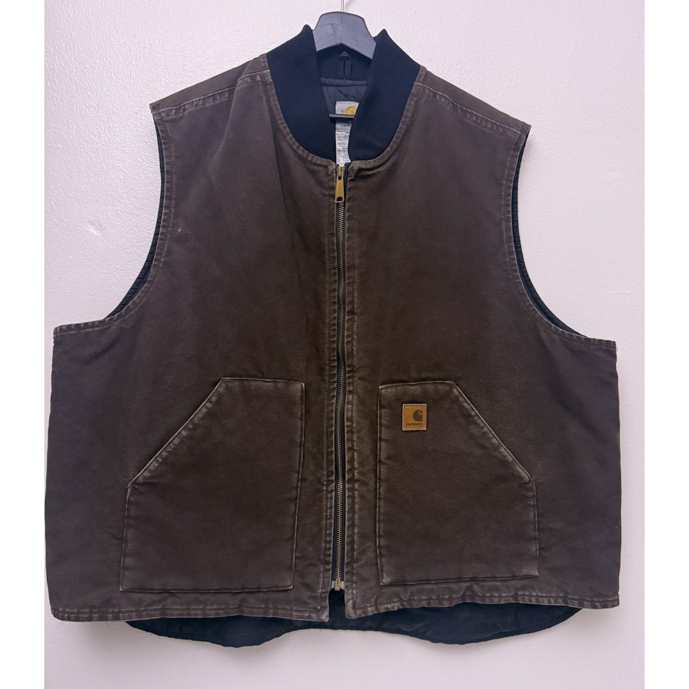 Vintage Carhartt Canvas Quilted Zip‎ Vest VO2 DKB Dark Brown Men's Size 3XL